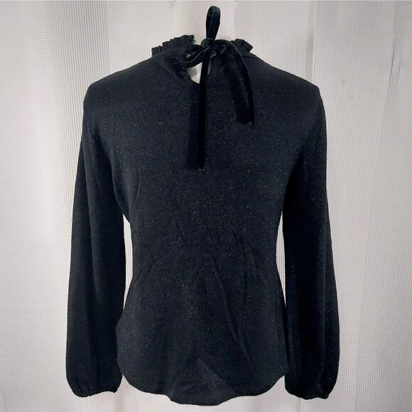 TALBOTS PETITE! BLACK W/SUBTLE BLACK SHIMMER METALLIC VELVET NECK SWEATER! SZ SP - Picture 6 of 9